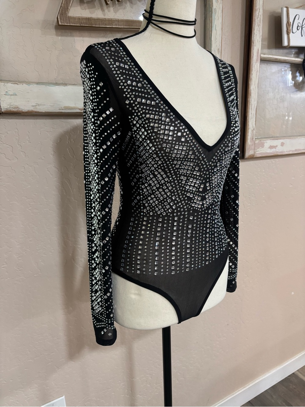 Windsor Black Crystal-Studded Deep V Mesh Bodysuit